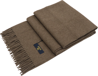 “Pure Mongolian yak wool plaid in natural brown color with fringe edges, handcrafted for warmth and comfort.”