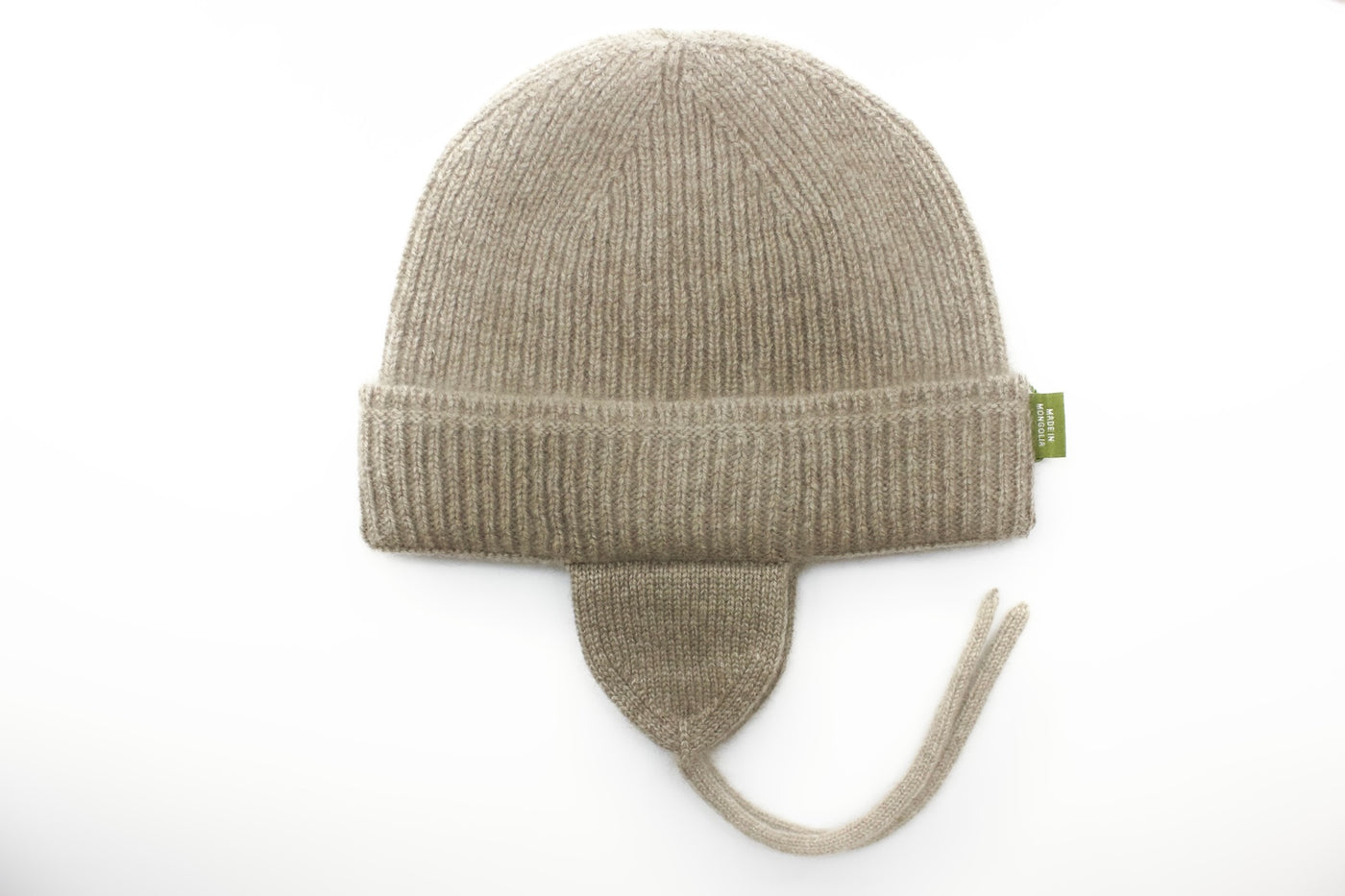 “Light brown Mongolian cashmere baby hat with earflaps and ties, soft ribbed knit for warmth and comfort”
