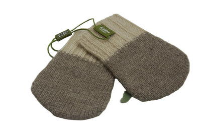 “Two-tone Mongolian cashmere baby mittens in beige and light brown, soft knit texture with gentle ribbed cuffs”