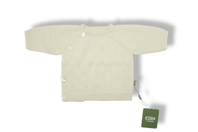 “Cream beige Mongolian cashmere baby cardigan with side buttons and delicate knit texture, soft and hypoallergenic”