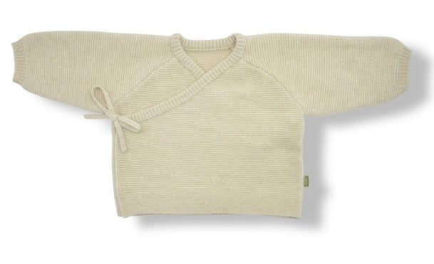 “Light beige Mongolian cashmere baby wrap sweater with side tie closure, soft knit texture, gentle and hypoallergenic”