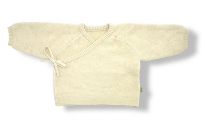 “Cream white Mongolian cashmere baby wrap sweater with side tie closure, soft knit texture, gentle and hypoallergenic”