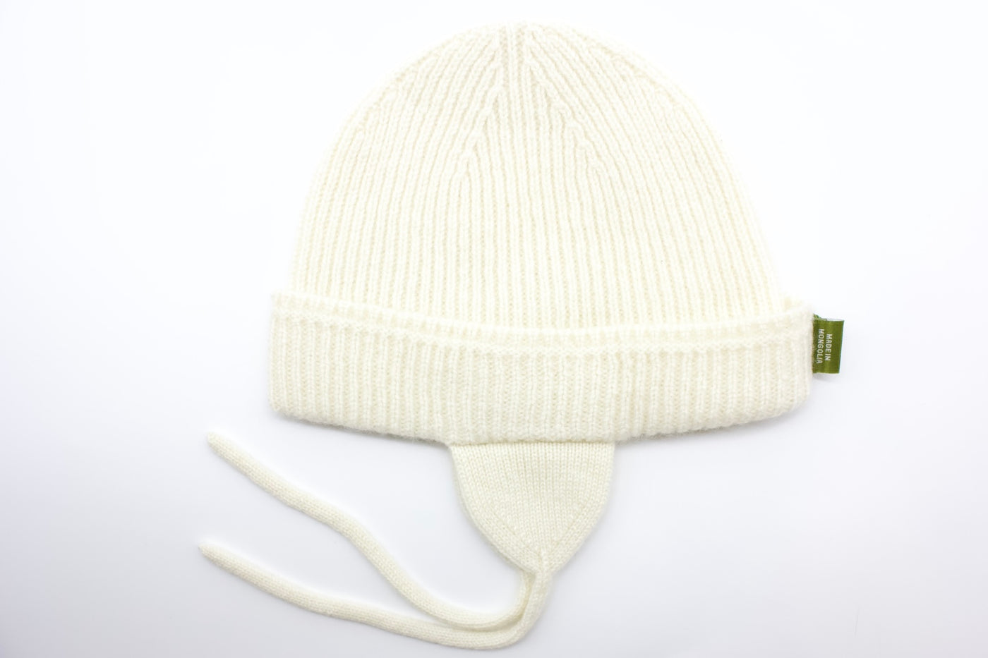 “Cream beige Mongolian cashmere baby hat with earflaps and ties, soft ribbed knit for warmth and comfort”