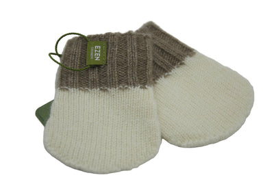 “Two-tone Mongolian cashmere baby mittens in beige and light brown, soft knit texture with gentle ribbed cuffs”