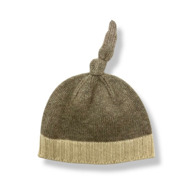 “Two-tone Mongolian cashmere baby hat with top knot, soft knit design in beige and brown tones, warm and hypoallergenic”