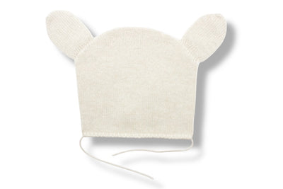“white Mongolian cashmere baby bonnet with cute ear design and tie straps, soft and hypoallergenic knit hat”