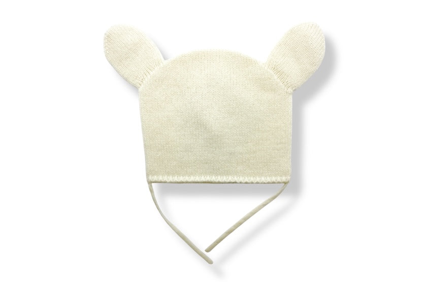 “Light beige Mongolian cashmere baby bonnet with cute ear design and tie straps, soft and hypoallergenic knit hat”