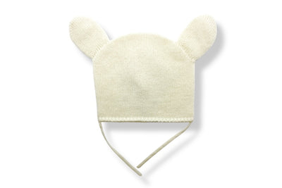 “Light beige Mongolian cashmere baby bonnet with cute ear design and tie straps, soft and hypoallergenic knit hat”