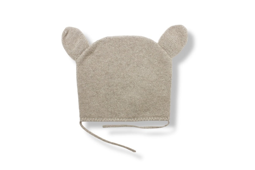 “Natural beige Mongolian cashmere baby bonnet with cute ear design and tie straps, soft and hypoallergenic knit hat”