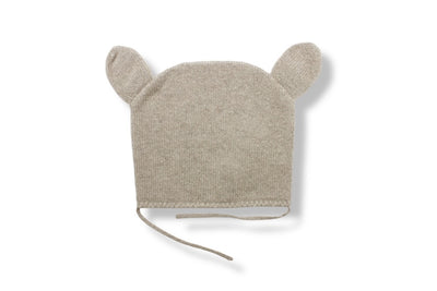 “Natural beige Mongolian cashmere baby bonnet with cute ear design and tie straps, soft and hypoallergenic knit hat”