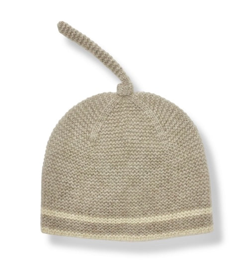 “Natural beige Mongolian cashmere baby beanie with top knot and soft knit texture, two-tone design, warm and hypoallergenic”