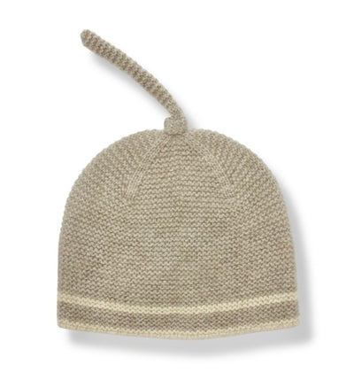“Natural beige Mongolian cashmere baby beanie with top knot and soft knit texture, two-tone design, warm and hypoallergenic”