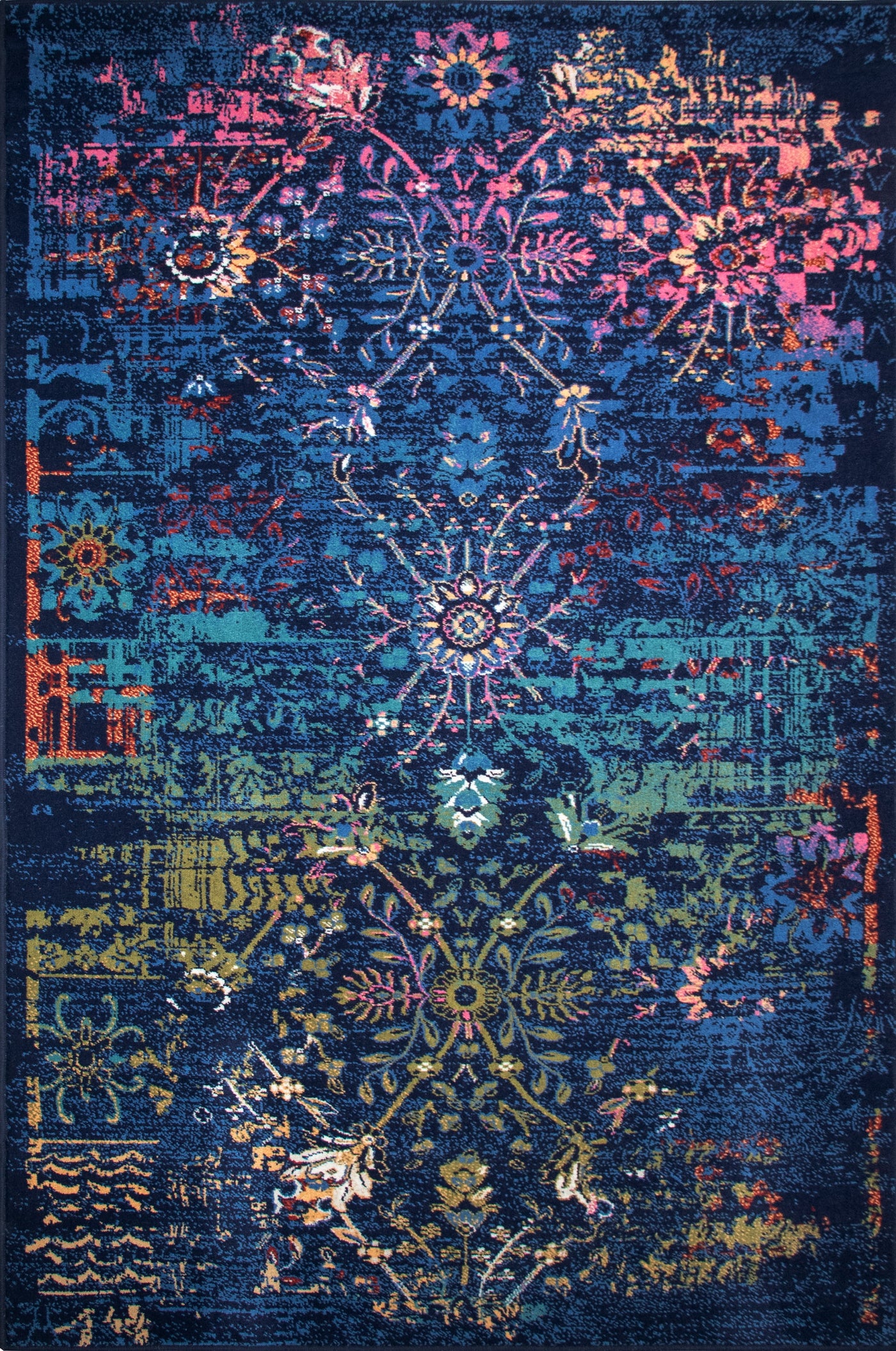 Luxurious wool carpet with a vibrant floral design in bold shades of blue, pink, and green, adding a dramatic and artistic touch to any interior space