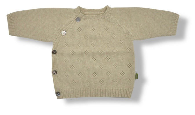 “Light beige Mongolian cashmere baby cardigan with side buttons and delicate knit texture, soft and hypoallergenic”