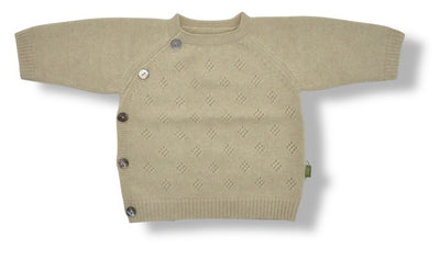 “Light beige Mongolian cashmere baby cardigan with side buttons and delicate knit texture, soft and hypoallergenic”