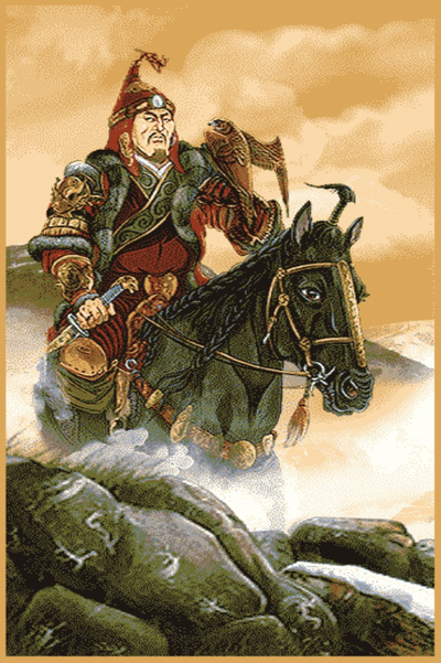 “Traditional Mongolian souvenir rug made of 80% wool featuring warrior design on horseback, crafted in Mongolia”