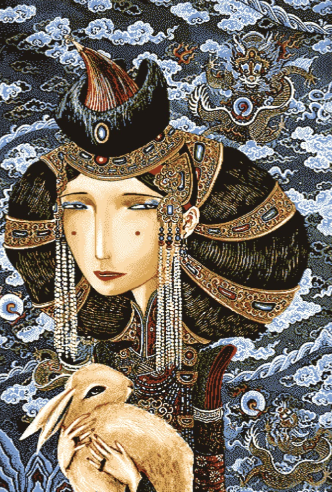 “Mongolian souvenir rug made of 80% wool featuring elegant queen holding hare, traditional handcrafted design inspired by Mongolian heritage”