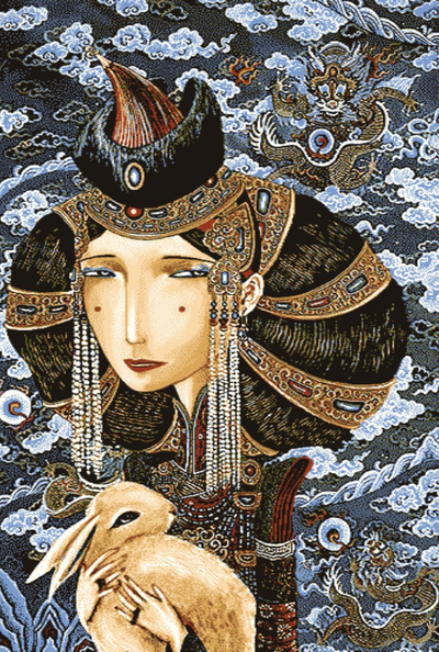 “Mongolian souvenir rug made of 80% wool featuring elegant queen holding hare, traditional handcrafted design inspired by Mongolian heritage”