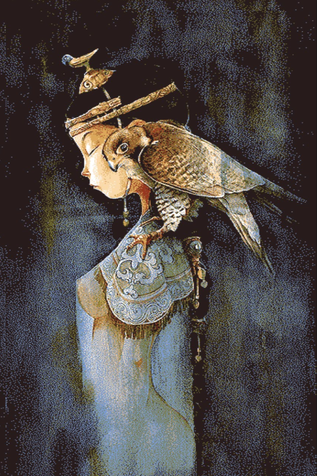 “Mongolian souvenir rug made of 80% wool depicting a woman in traditional attire with a falcon on her shoulder, handcrafted with cultural detail”