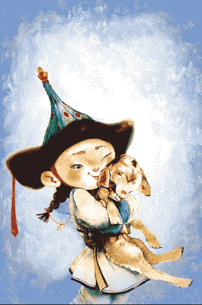 “Mongolian souvenir rug made of 80% wool featuring a child in traditional clothing holding a baby goat, handcrafted with love and cultural detail”