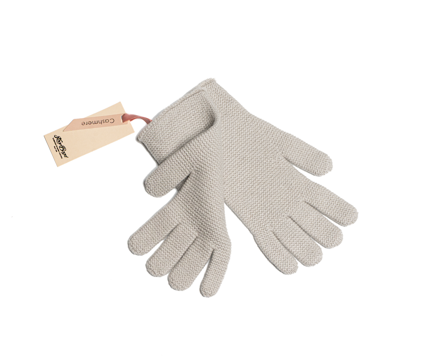 Light grey Mongolian cashmere knit gloves with a minimalist design, showcasing soft texture and sustainable craftsmanship.