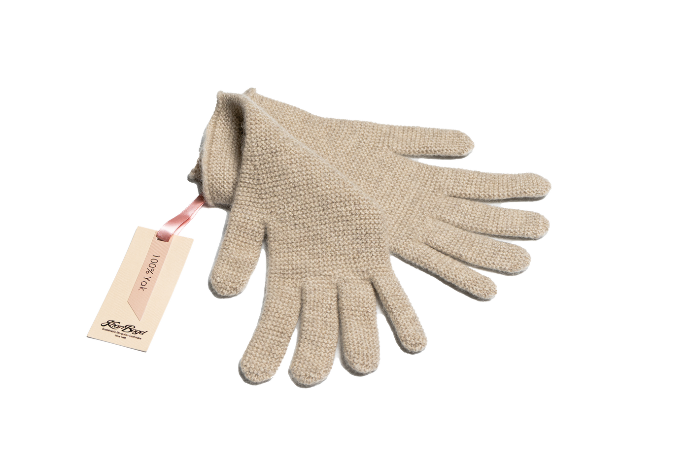 Beige Mongolian cashmere knit gloves with a minimalist design, showcasing soft texture and sustainable craftsmanship.
