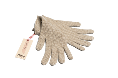 Beige Mongolian cashmere knit gloves with a minimalist design, showcasing soft texture and sustainable craftsmanship.