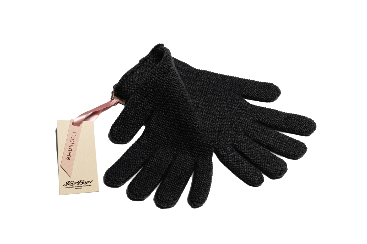 Black Mongolian cashmere knit gloves with a minimalist design, showcasing soft texture and sustainable craftsmanship.