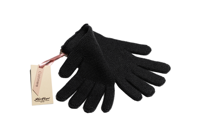 Black Mongolian cashmere knit gloves with a minimalist design, showcasing soft texture and sustainable craftsmanship.