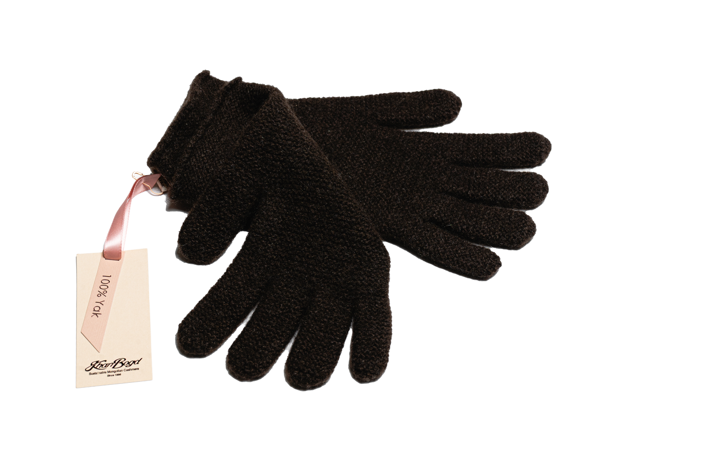 Dark brown Mongolian yak wool knit gloves with a minimalist design, showcasing soft texture and sustainable craftsmanship.