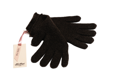 Dark brown Mongolian yak wool knit gloves with a minimalist design, showcasing soft texture and sustainable craftsmanship.