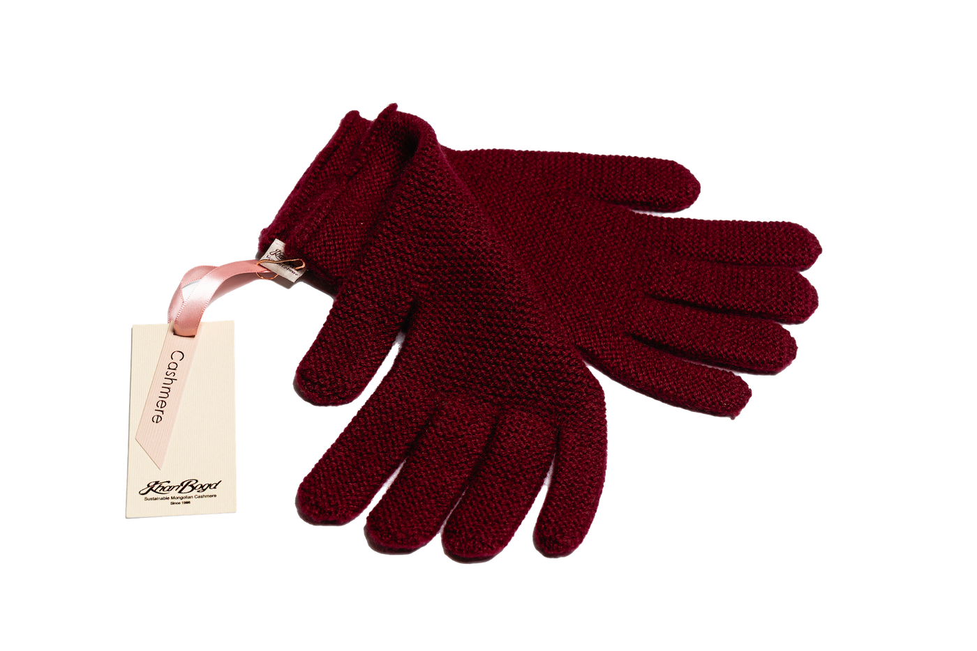 Burgundy Mongolian cashmere knit gloves with a minimalist design, showcasing soft texture and sustainable craftsmanship.
