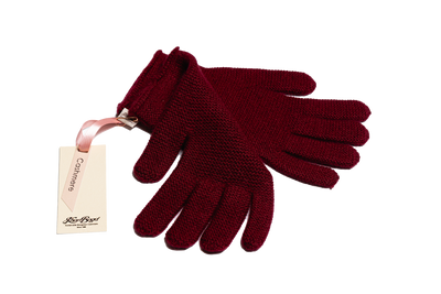 Burgundy Mongolian cashmere knit gloves with a minimalist design, showcasing soft texture and sustainable craftsmanship.