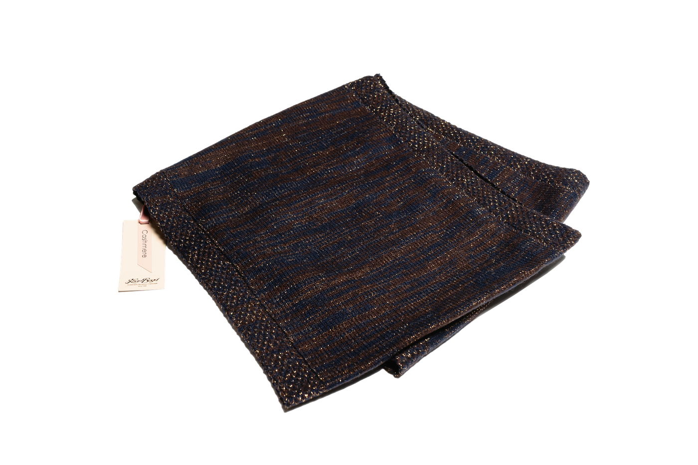 Midnight brown and navy Mongolian cashmere scarf with subtle metallic shimmer, showcasing fine lurex threads and elegant woven texture.