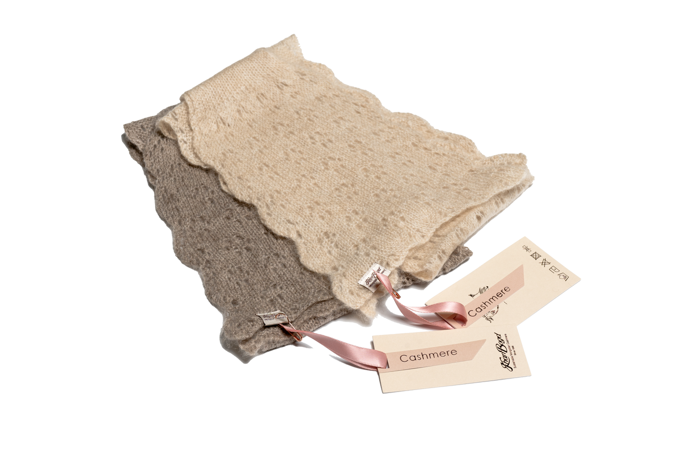 Beige lace cashmere scarf with scalloped edges and delicate openwork pattern, handcrafted from pure Mongolian cashmere for sustainable luxury.