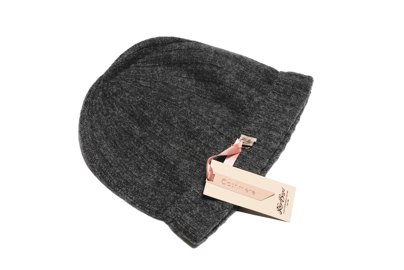 Dark gray Mongolian cashmere ribbed beanie with soft knit texture and designed for warmth, comfort, and refined winter style.