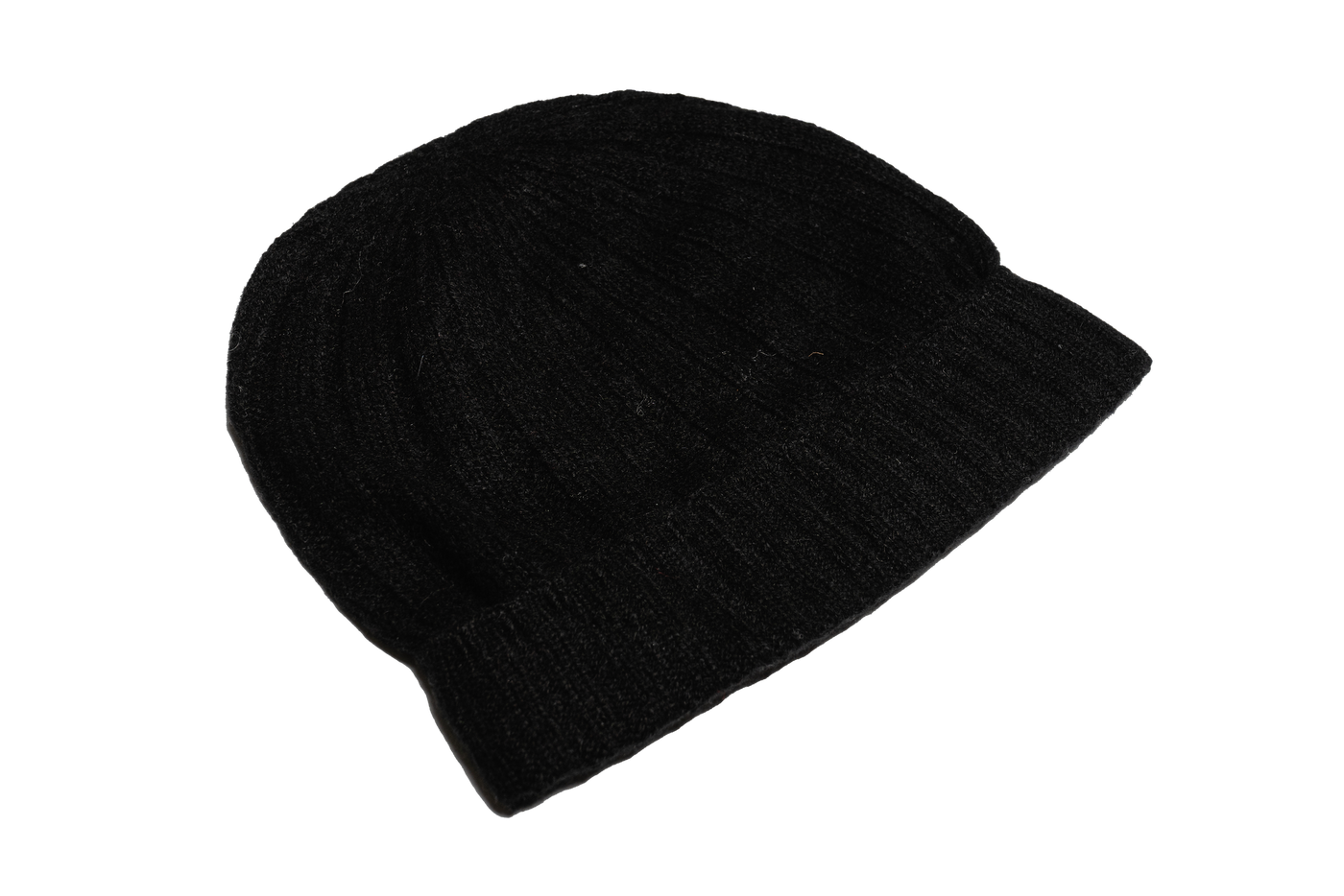 Black Mongolian cashmere ribbed beanie with soft texture and minimalist design, offering lightweight warmth and refined winter comfort.