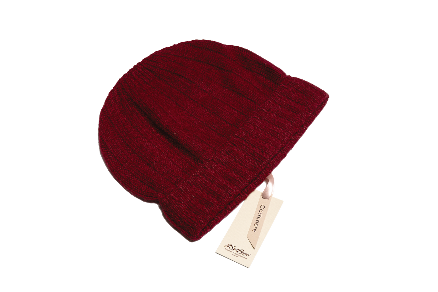 Burgundy Mongolian cashmere ribbed beanie with soft knit texture and rich tone, designed for warmth, comfort, and refined winter style.