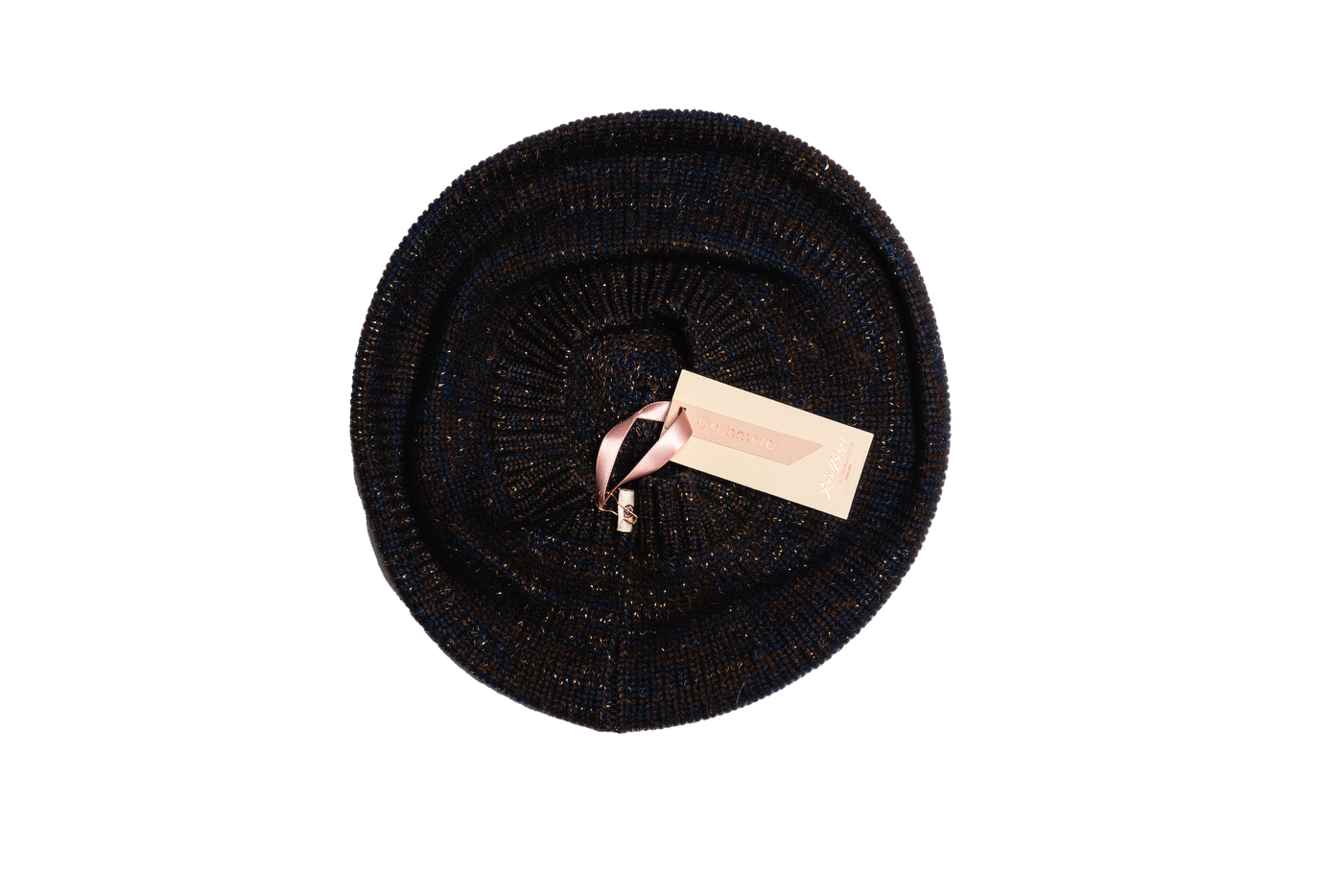 Midnight blue and brown Mongolian cashmere beret with fine metallic shimmer, featuring soft knit texture and elegant round silhouette.