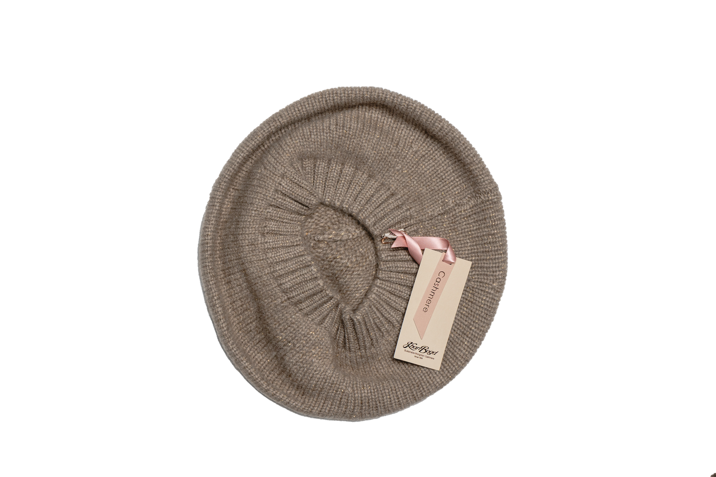 Beige Mongolian cashmere beret with delicate metallic shimmer and soft knit texture, offering timeless warmth and refined winter style.