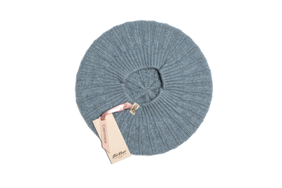 rib knitted cashmere beret hat in dusty teal color.