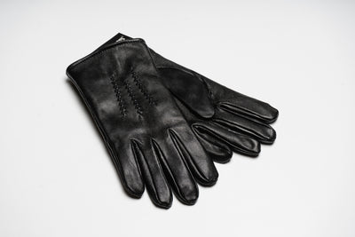 “Black men’s leather gloves with classic stitched detailing, smooth natural leather finish for warmth and elegant style”