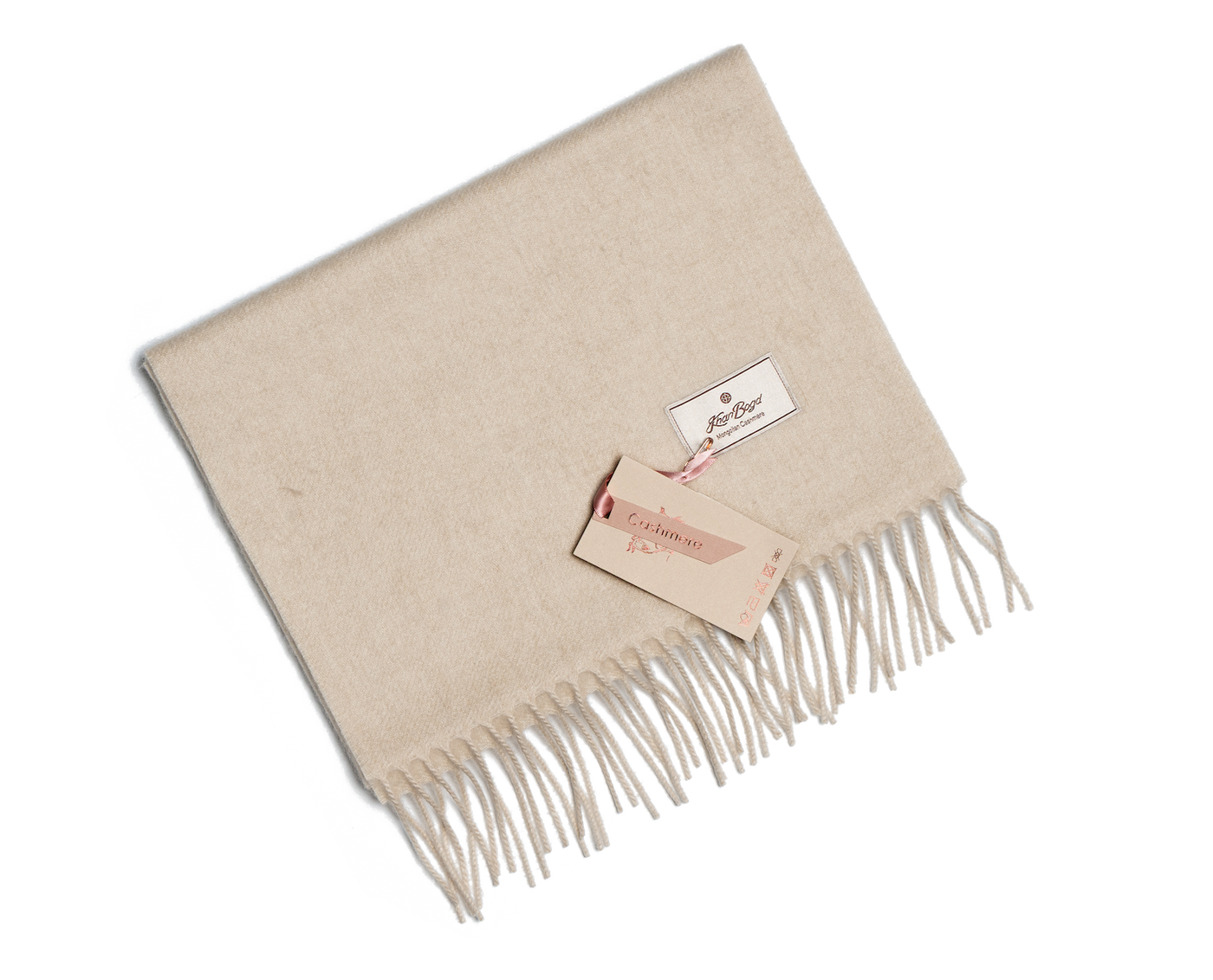 Light beige Mongolian cashmere scarf with fringe edges and soft texture, offering lightweight warmth and minimalist luxury design.