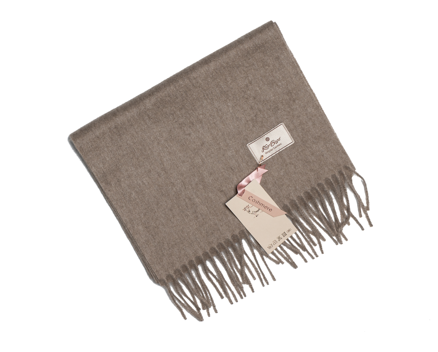 Beige Mongolian cashmere scarf with fringe edges and soft texture, offering lightweight warmth and minimalist luxury design.