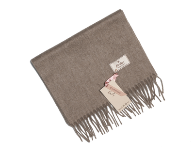 Beige Mongolian cashmere scarf with fringe edges and soft texture, offering lightweight warmth and minimalist luxury design.