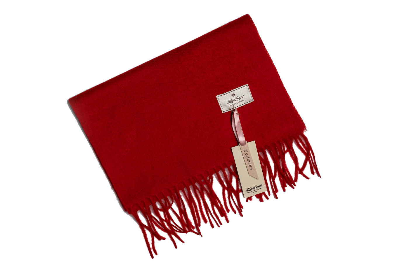 Red Mongolian cashmere scarf with fringe edges and soft texture, offering lightweight warmth and minimalist luxury design.