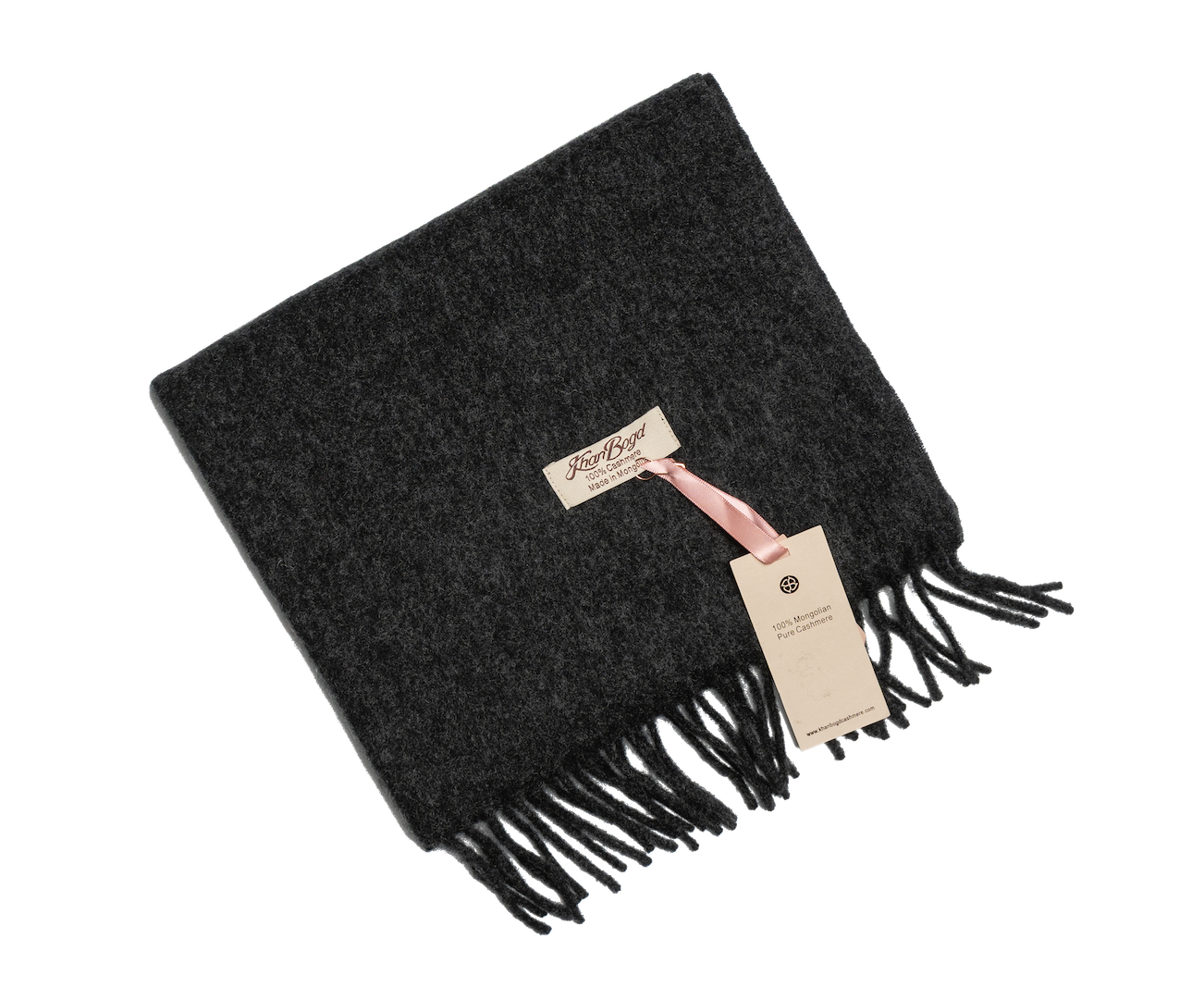 Black Mongolian cashmere scarf with fringe edges and soft texture, offering lightweight warmth and minimalist luxury design.