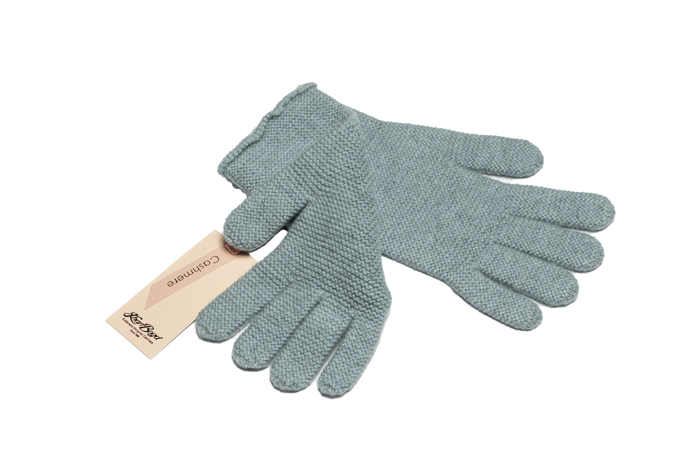 Dusty teal Mongolian cashmere knit gloves with a minimalist design, showcasing soft texture and sustainable craftsmanship.
