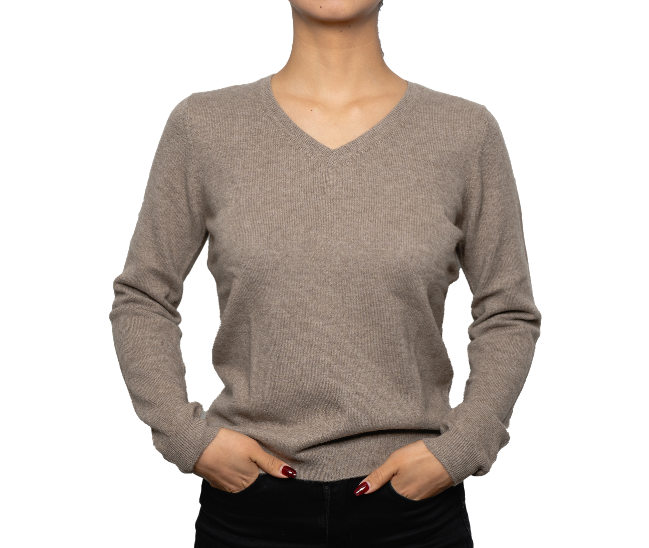 Women’s beige V-neck cashmere sweater with soft knit texture and fitted silhouette, offering lightweight warmth and minimalist sophistication