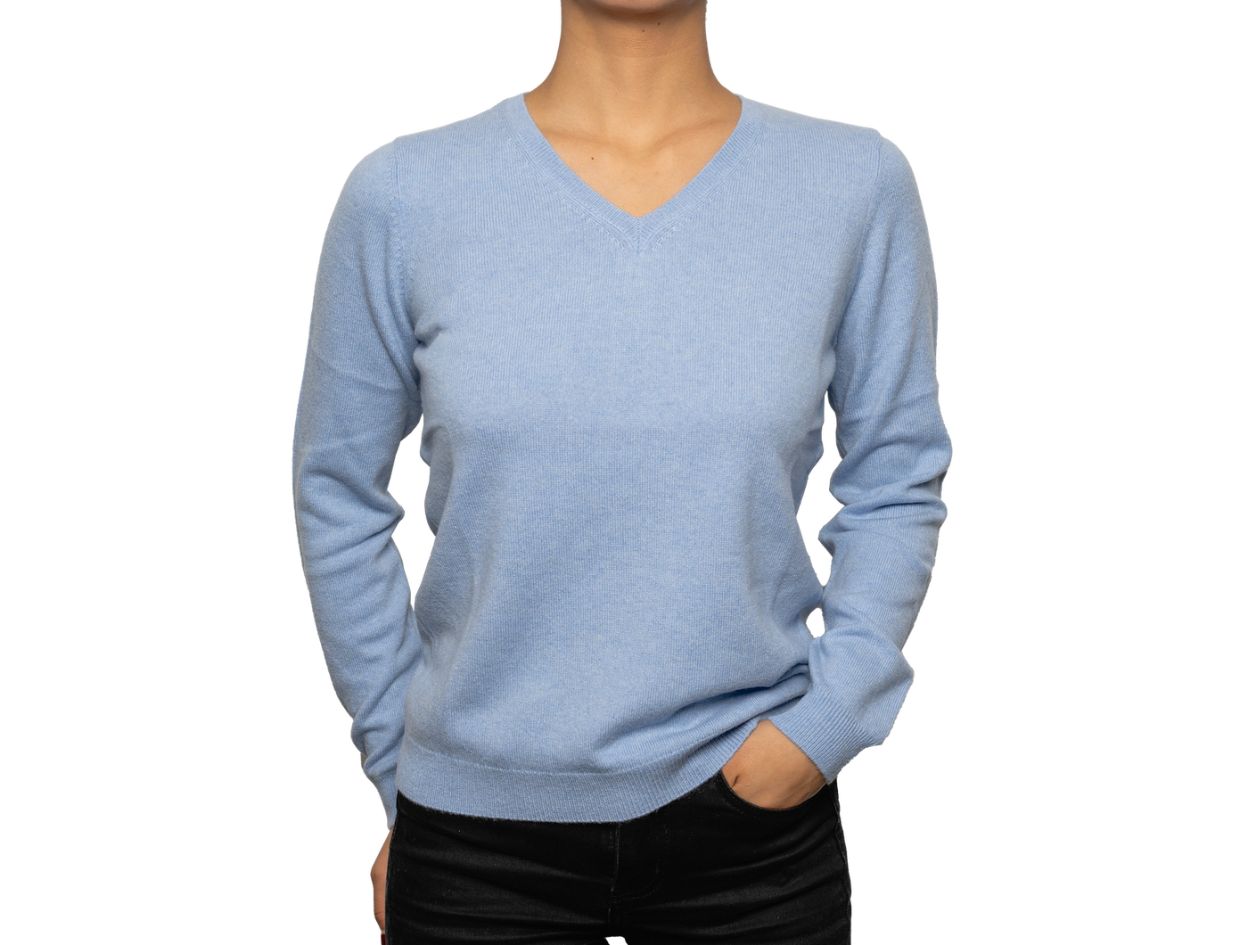 Women’s sky blue V-neck cashmere sweater with soft knit texture and fitted silhouette, offering lightweight warmth and refined everyday luxury.